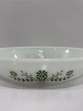 Vintage Glasbake milk glass divided oval casserole green floral 11”